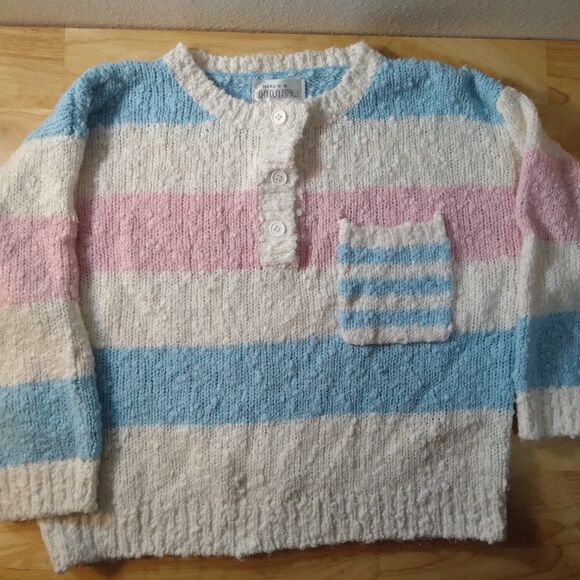 Vintage 80s Here's A Hug Striped Pocket Cropped Henley Sweater - Picture 1 of 8